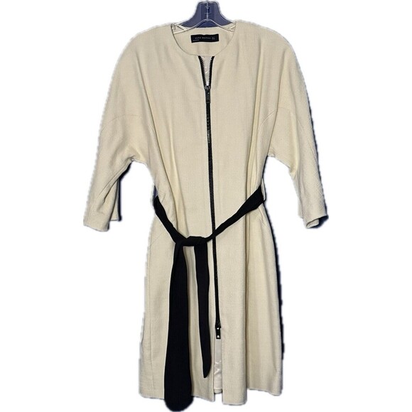 Zara Women’s Small Cream Coat Zip Black Belt Kimono 3/4 Sleeve - Picture 2 of 4